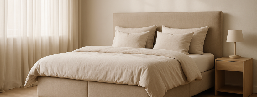 Modernes Boxspringbett mit Leinen-Bettwaesche im hellen Schlafzimmer