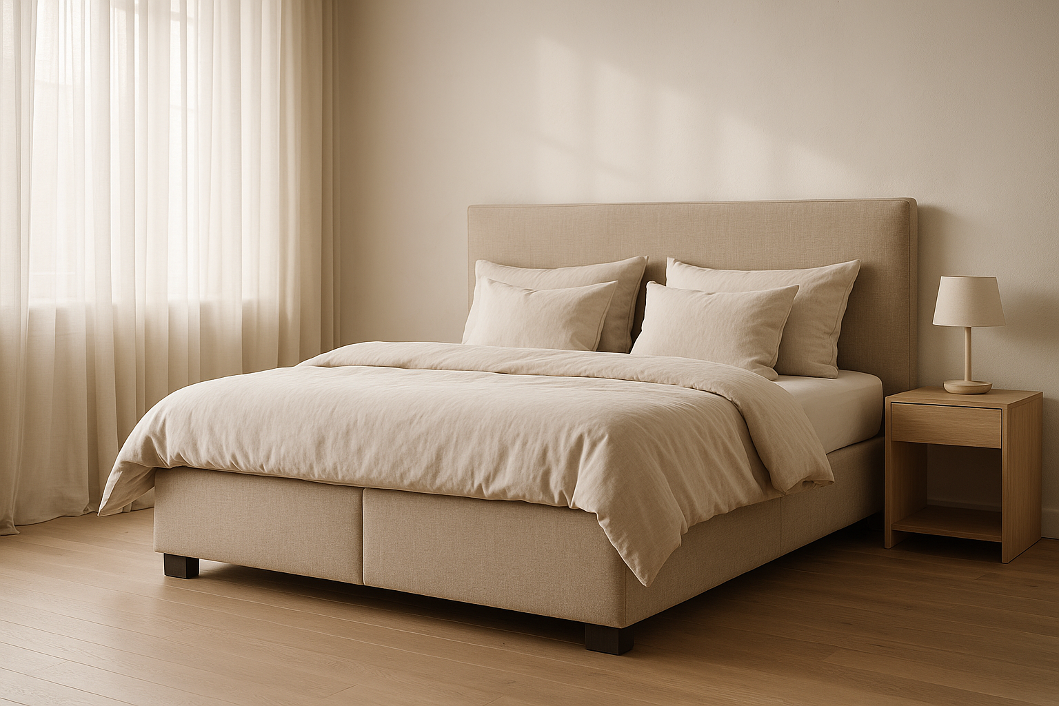 Modernes Boxspringbett in hellem Schlafzimmer mit Leinen-Bettwäsche