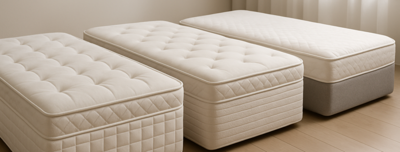 Drei verschiedene Matratzen nebeneinander im Showroom