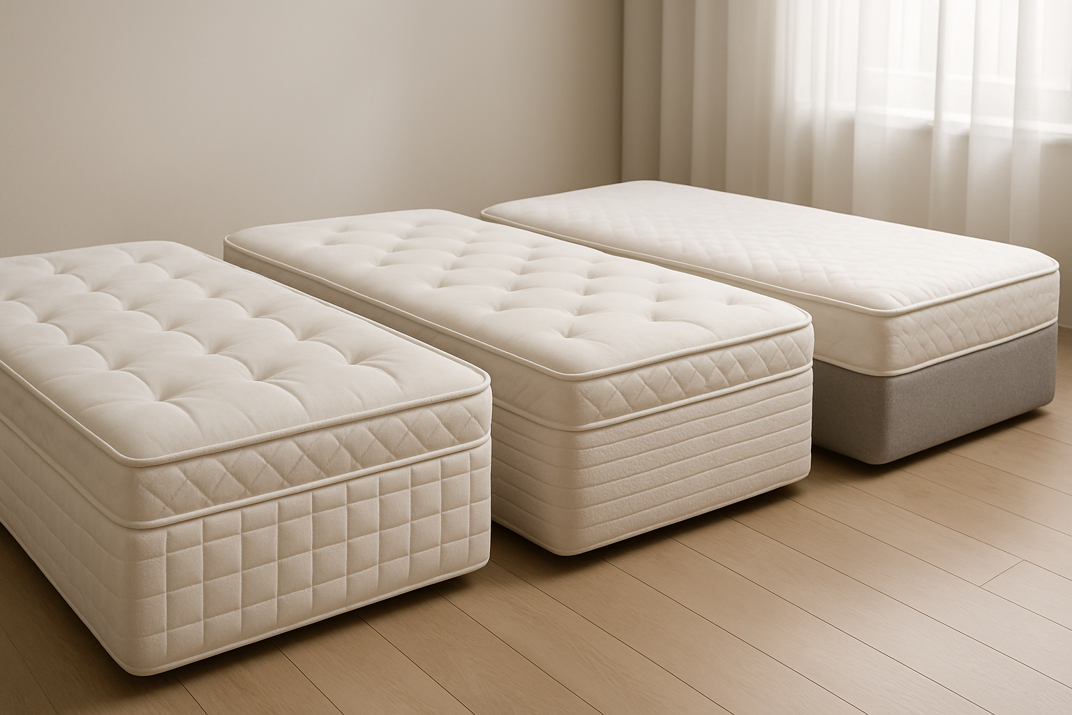 Drei verschiedene Matratzen nebeneinander im Showroom