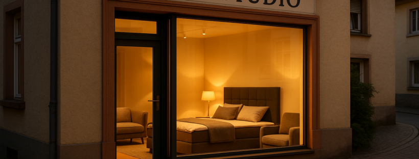 Wesner Wohnkomfort Studio Schaufenster bei Abendlicht