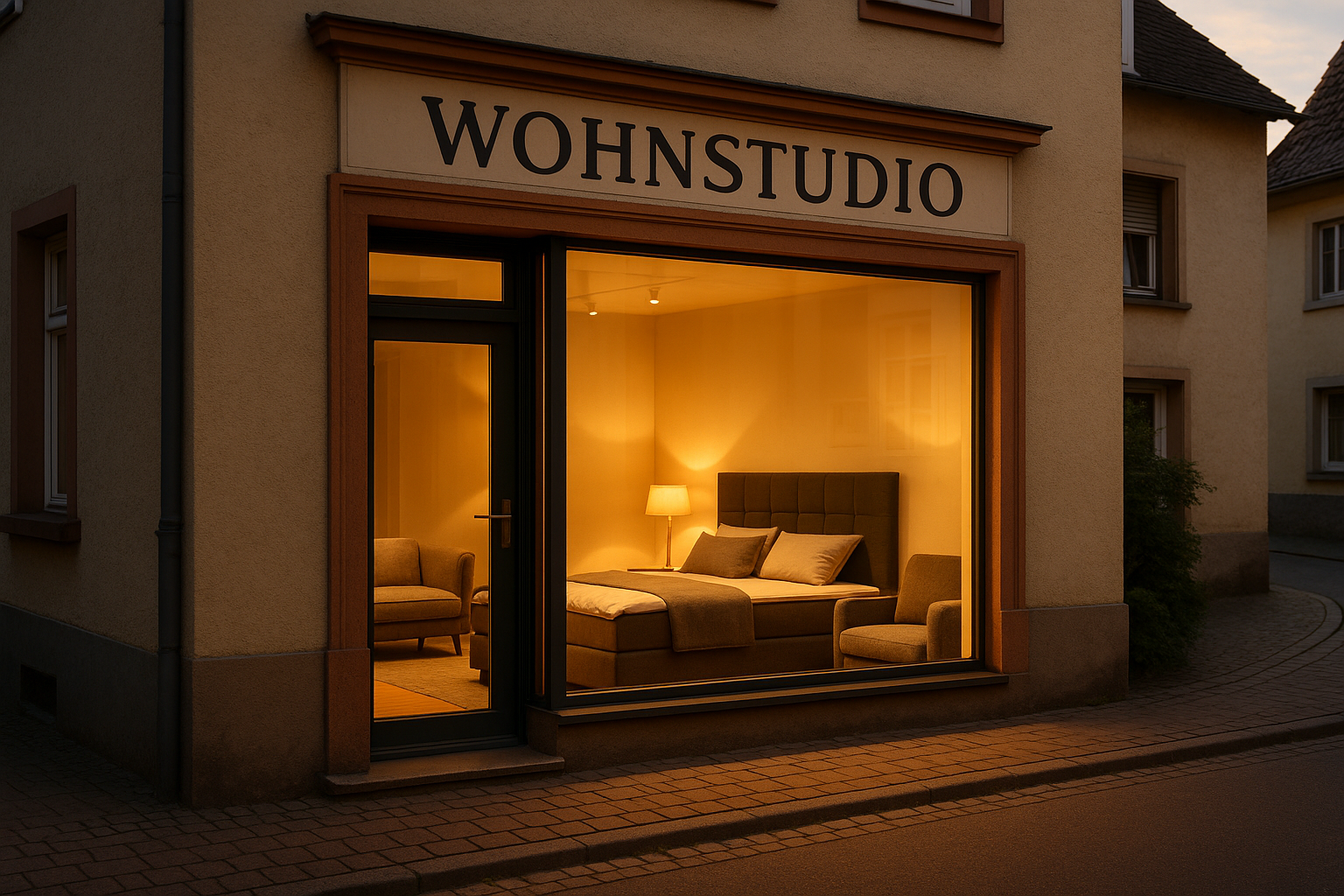 Wohnstudio in Kriftel am Abend mit beleuchteter Schaufensterauslage