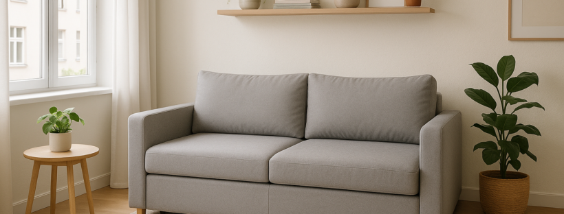 Modernes Schlafsofa in kleiner Stadtwohnung in skandinavischem Stil