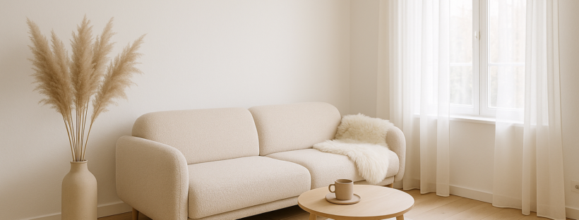 Helles Wohnzimmer im skandinavischen Stil mit beigem Sofa und Pampasgras