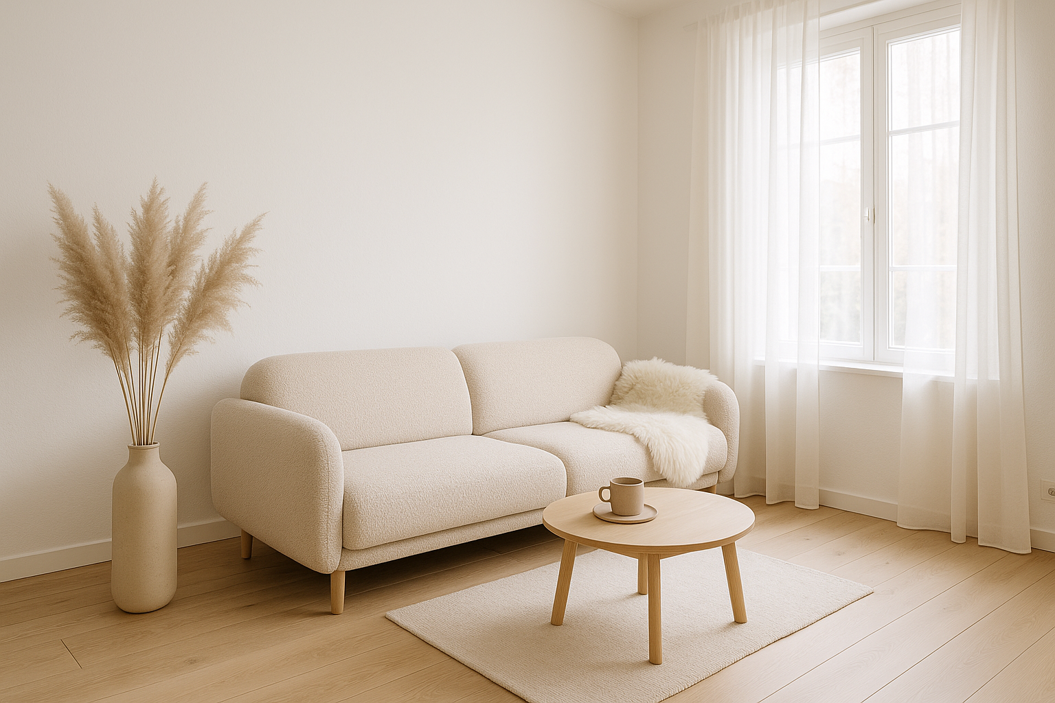 Helles Wohnzimmer im skandinavischen Stil mit hellem Sofa, Eichenboden und Pampasgras
