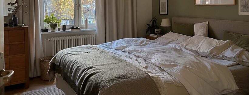 Doppelbett mit zurückgeschlagener weißer Daunendecke in einem hellen Schlafzimmer am Herbstmorgen